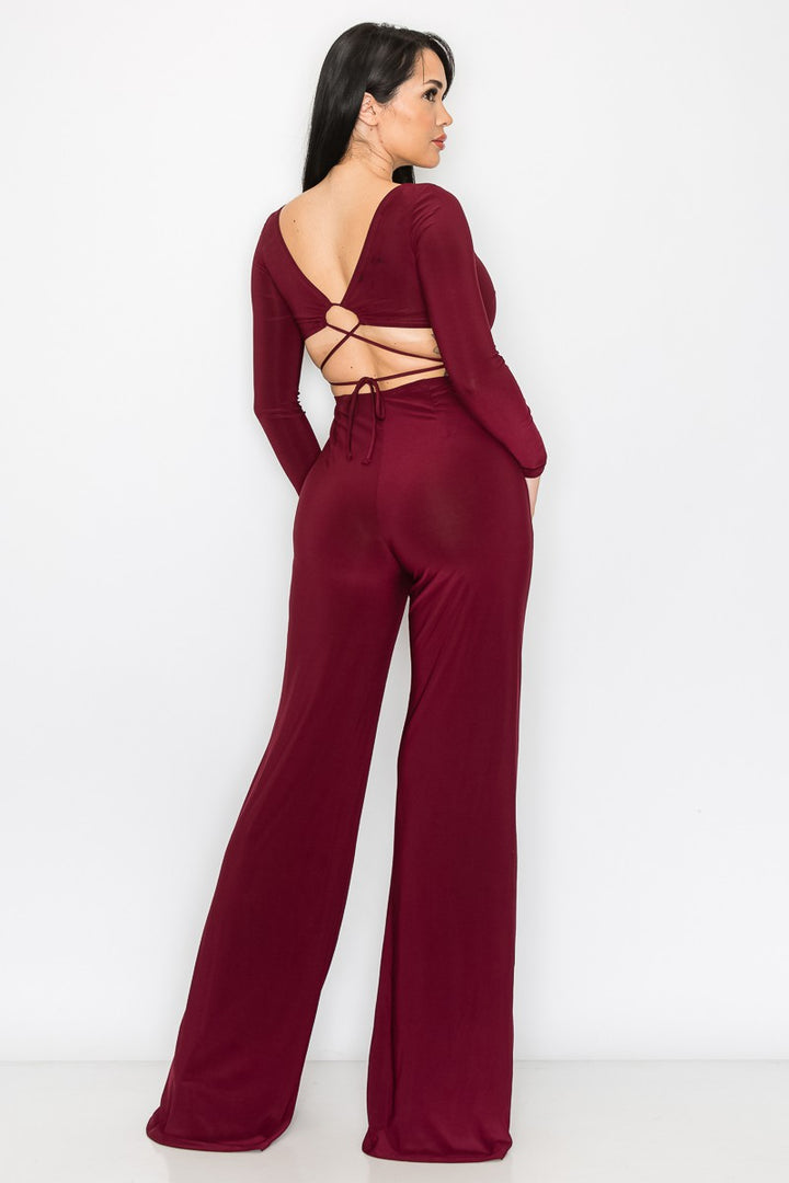 BURGUNDY LONG SLEEVES OPEN BACK STRING JUMPSUIT SP9631J