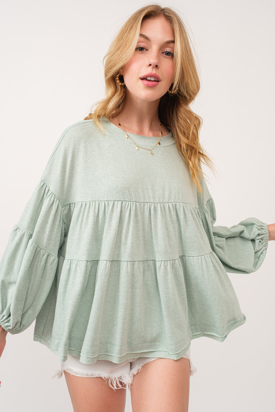 MINT TIERED BALLOON SLEEVES RAW EDGE PLUS SIZE TOP PTU13571SA