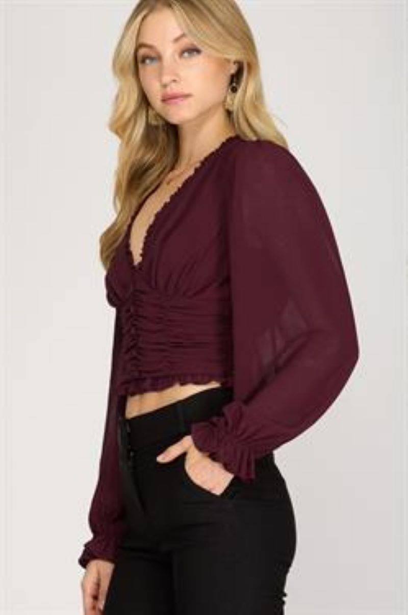 WINE WOVEN LONG SLEEVES RUCHED CROP TOP S8SS8578