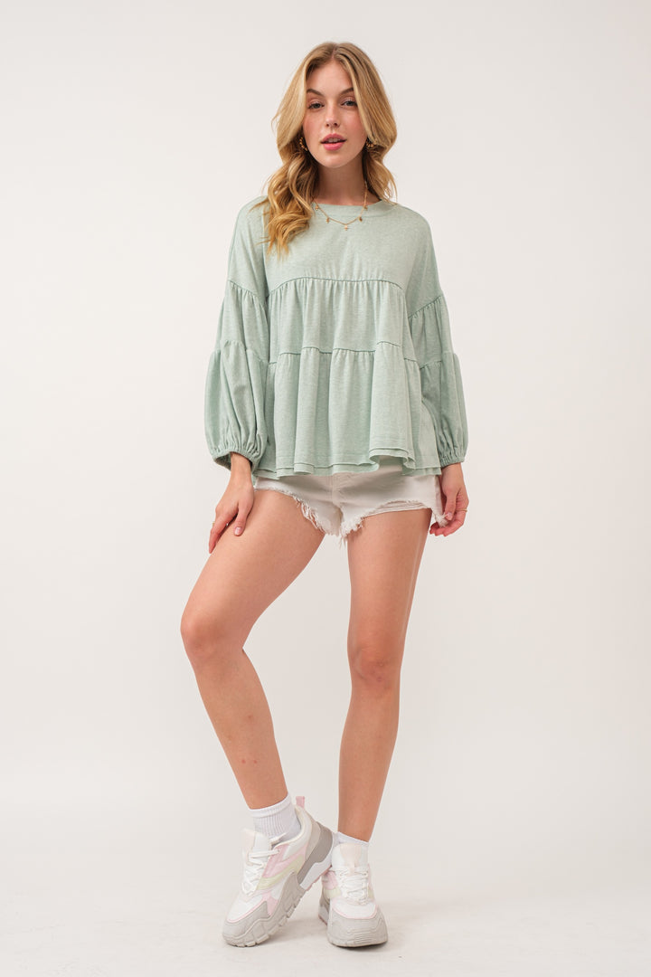 MINT TIERED BALLOON SLEEVES RAW EDGE PLUS SIZE TOP PTU13571SA