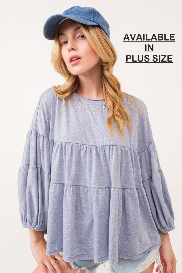 DENIM TIERED BALLOON SLEEVES RAW EDGE PLUS SIZE TOP PTU13571SA