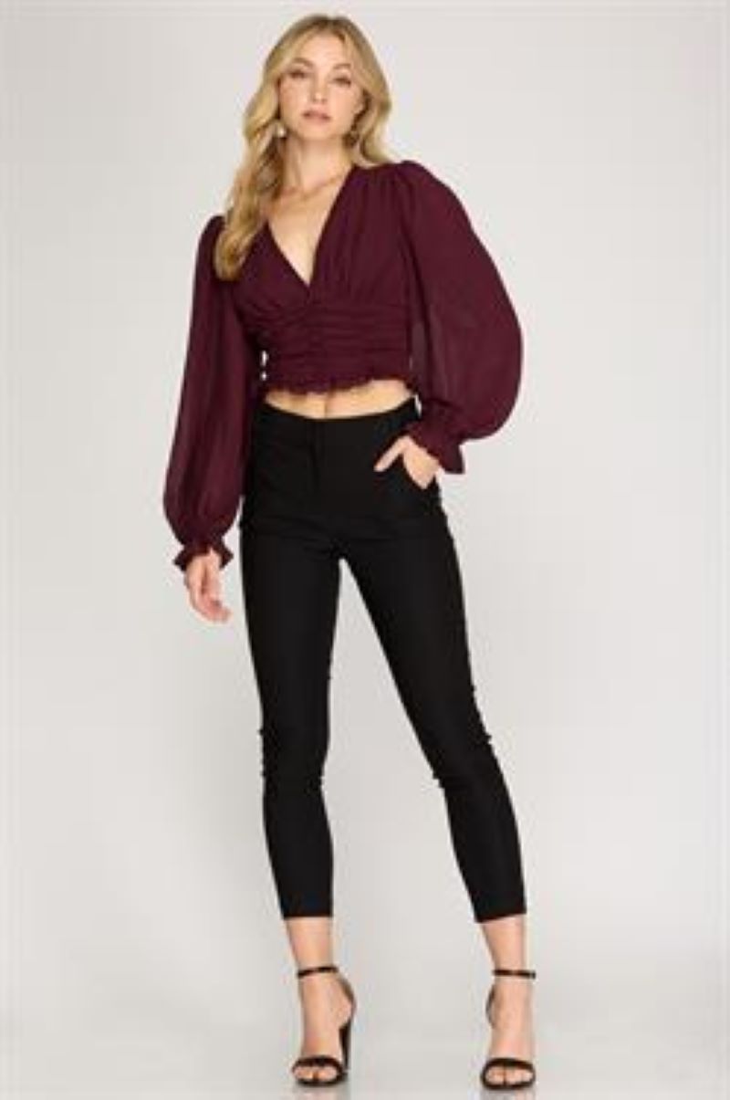 WINE WOVEN LONG SLEEVES RUCHED CROP TOP S8SS8578