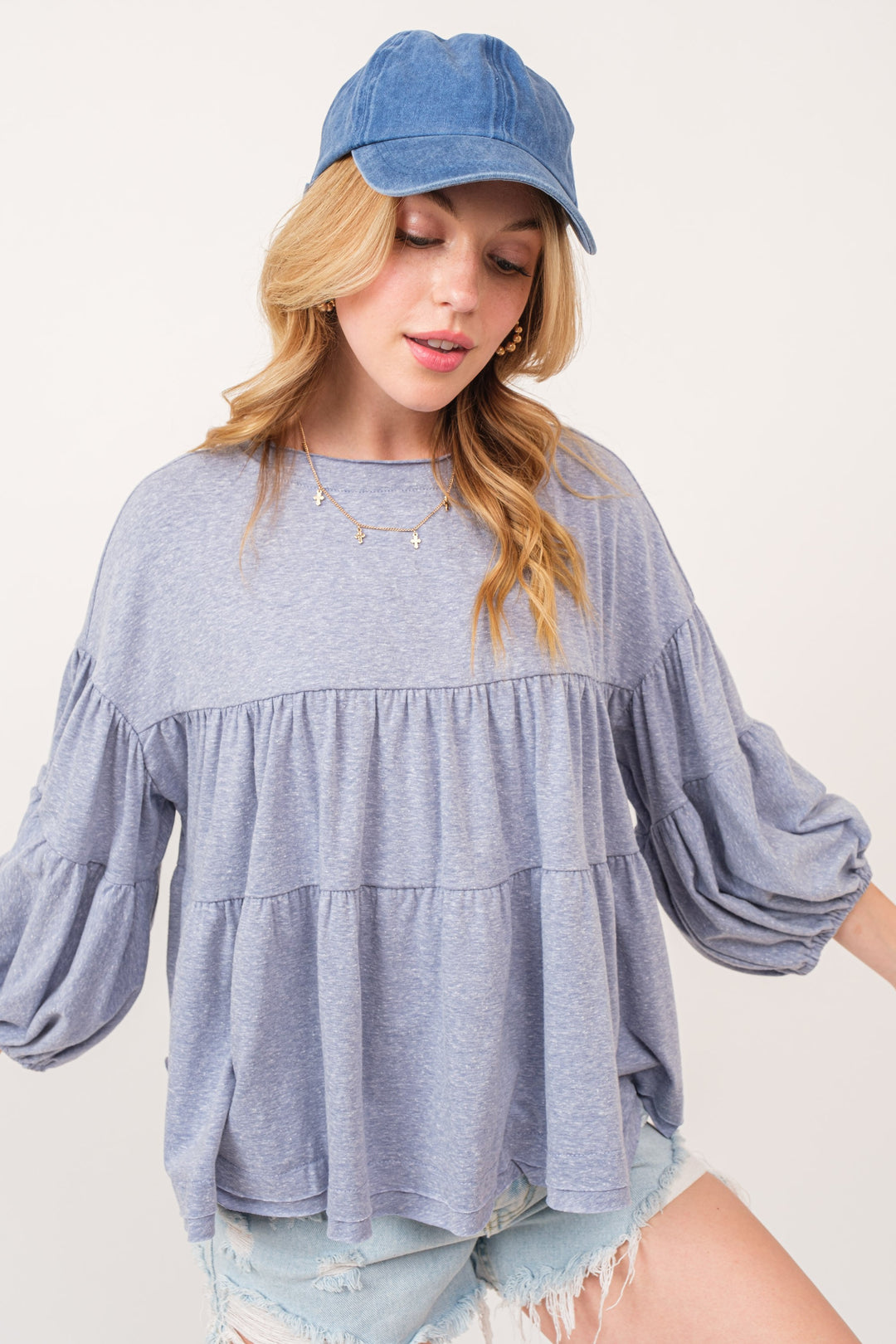 DENIM TIERED BALLOON SLEEVES RAW EDGE PLUS SIZE TOP PTU13571SA