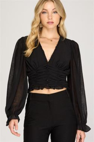 BLACK WOVEN LONG SLEEVES RUCHED CROP TOP S8SS8578