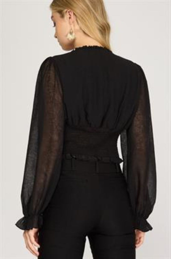 BLACK WOVEN LONG SLEEVES RUCHED CROP TOP S8SS8578