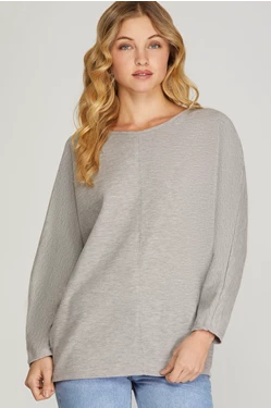 HEATER GREY LONG BATWING SLEEVES THERMAL KNIT TOP S8SY2586A