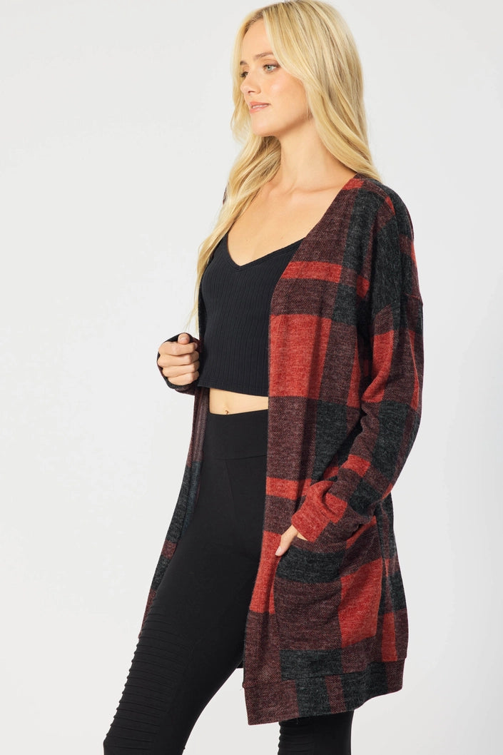 RED PLAID OPEN FRONT LONG CARDIGAN FSLSJ1001