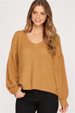 CAMEL V-NECK LONG BISHOP SLEEVES THERMAL KNIT TOP S8SS7596