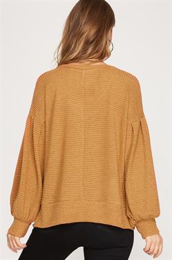 CAMEL V-NECK LONG BISHOP SLEEVES THERMAL KNIT TOP S8SS7596