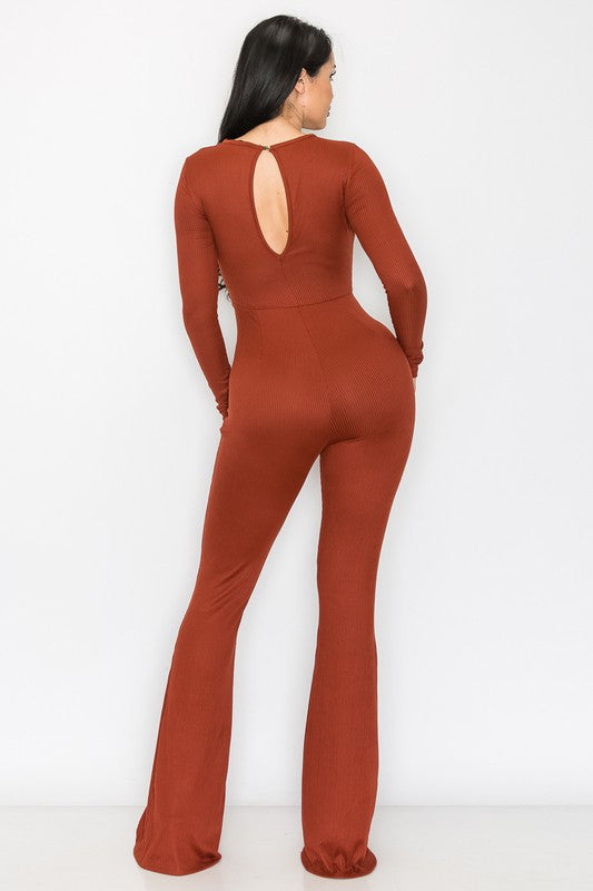 RUST BLUSH RIB BUCKLE WAIST DETAILED JUMPSUIT SP9792J