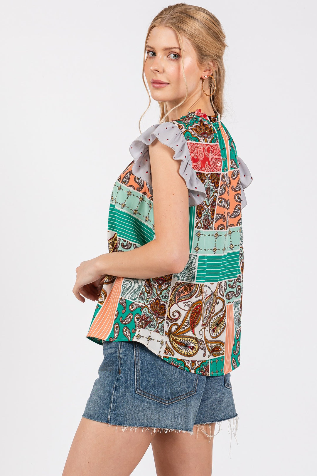 GREEN MULTI BOHEMIAN RUFFLED SLEEVELESS TOP CFTT3612NPB