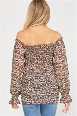 BROWN FLORAL PRINT OFF-SHOULDER SMOCKED WOVEN TOP S8SS6690