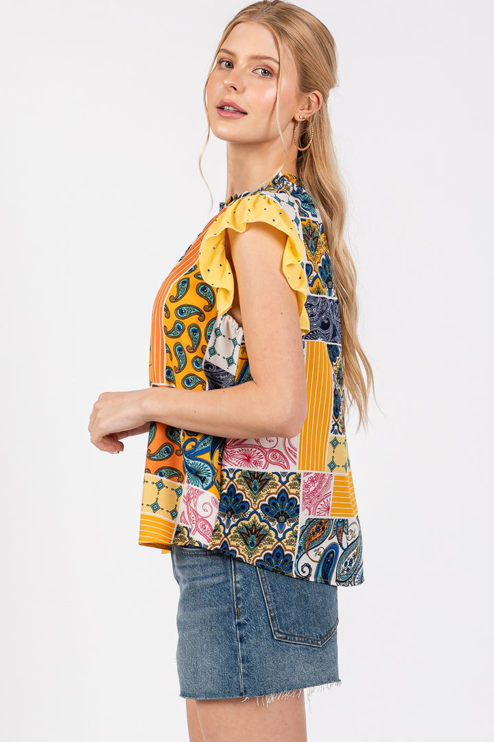 YELLOW MULTI BOHEMIAN RUFFLED SLEEVELESS TOP CFTT3612NPB