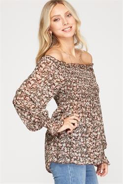 BROWN FLORAL PRINT OFF-SHOULDER SMOCKED WOVEN TOP S8SS6690