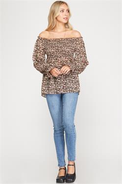 BROWN FLORAL PRINT OFF-SHOULDER SMOCKED WOVEN TOP S8SS6690