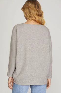 HEATER GREY LONG BATWING SLEEVES THERMAL KNIT TOP S8SY2586A