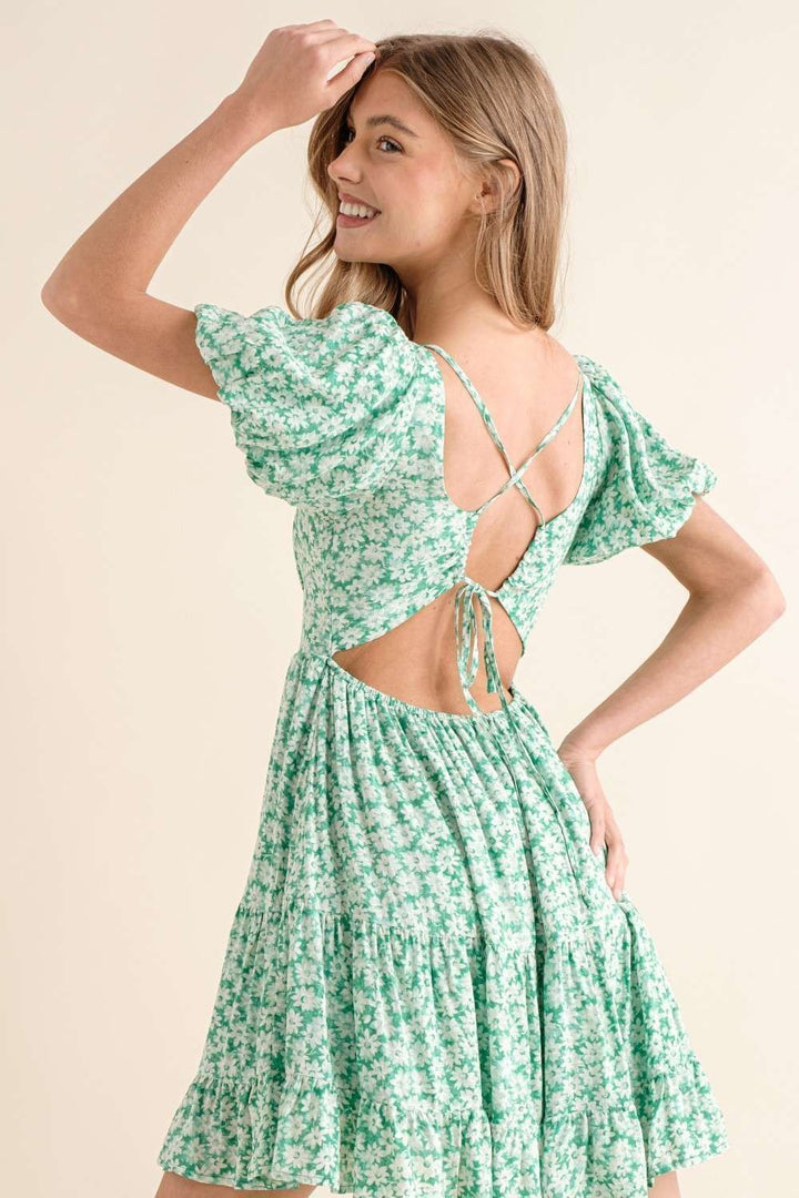 GREEN V-NECK PUFF SHORT SLEEVES RUFFLED MINI DRESS IBD9474