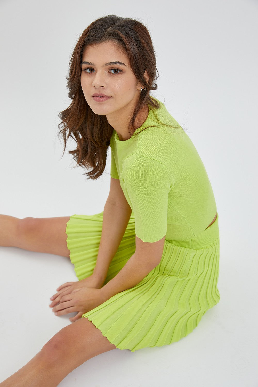 LIME KNIT CROP TOP & PLEATED MINI SKIRT SET ASS234