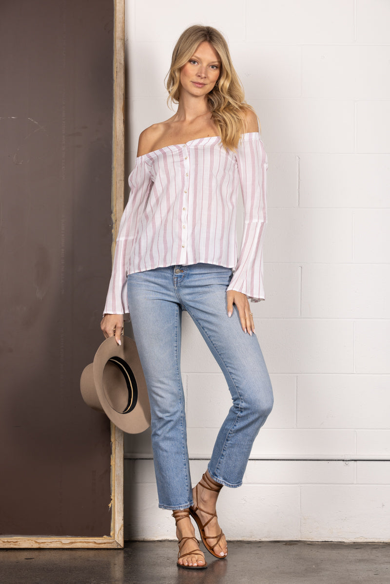 RED STRIPE BELL OFF-SHOULDER BLOUSE TOP MTP7192