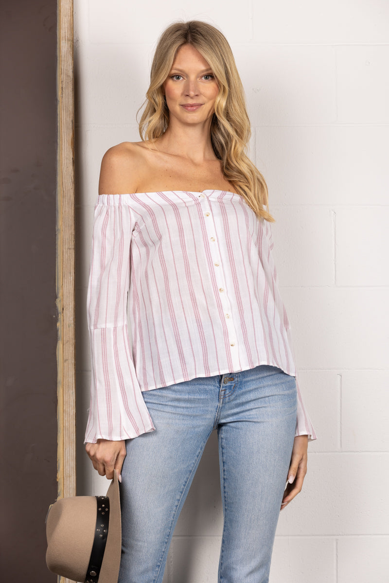 RED STRIPE BELL OFF-SHOULDER BLOUSE TOP MTP7192