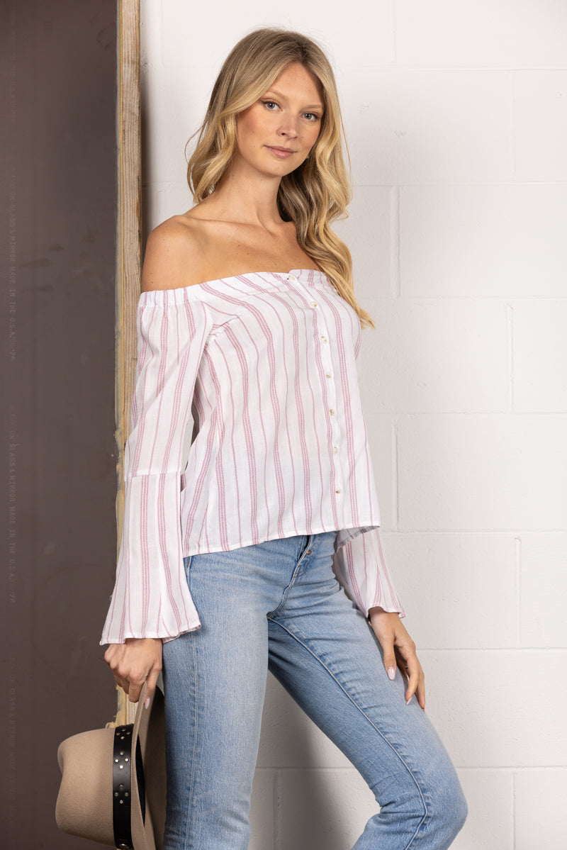 RED STRIPE BELL OFF-SHOULDER BLOUSE TOP MTP7192