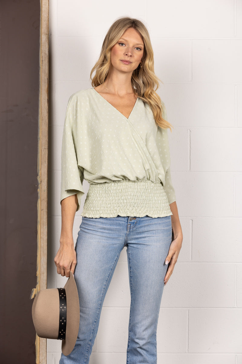 SAGE SWISS DOT DOLMAN SLEEVES TIERED BANDED HEM TOP TM6193H