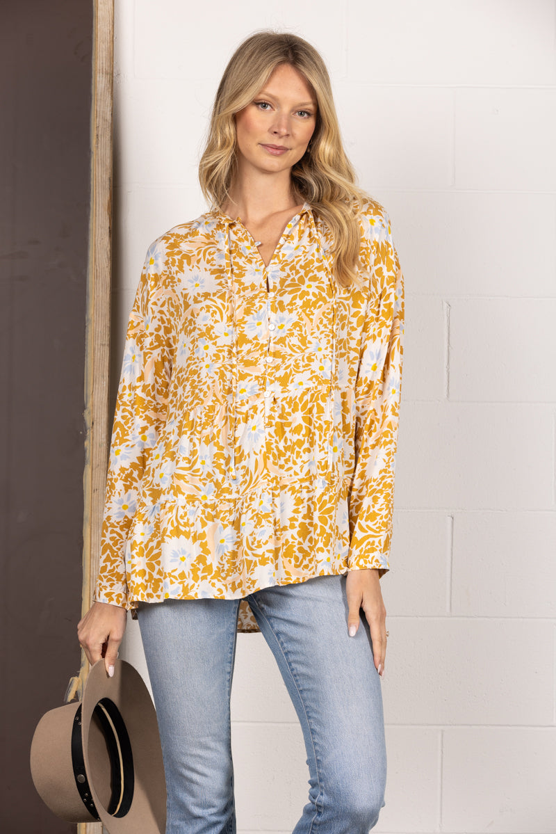 MUSTARD FLORAL PRINT BUTTON DOWN LONG SLEEVES TOP IT31529A