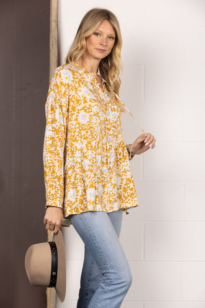 MUSTARD FLORAL PRINT BUTTON DOWN LONG SLEEVES TOP IT31529A