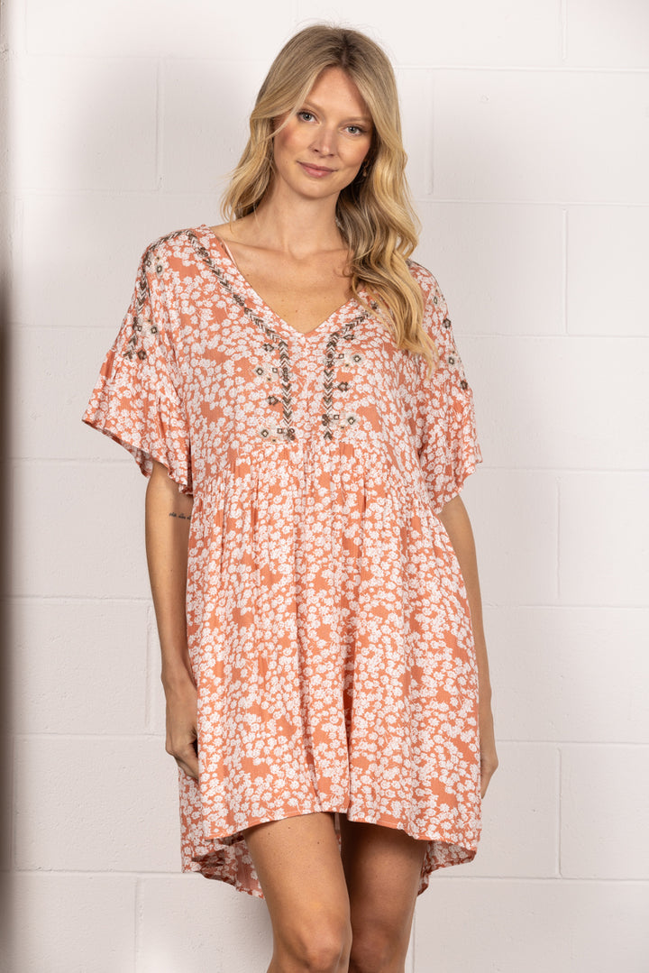 APRICOT BOHEMIAN FLORAL V-NECK RUFFLED MIDI DRESS IDM7129