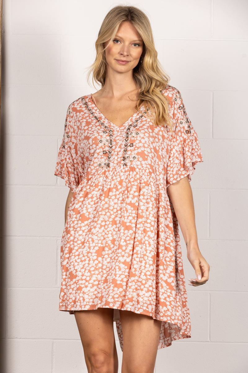 APRICOT BOHEMIAN FLORAL V-NECK RUFFLED MIDI DRESS IDM7129