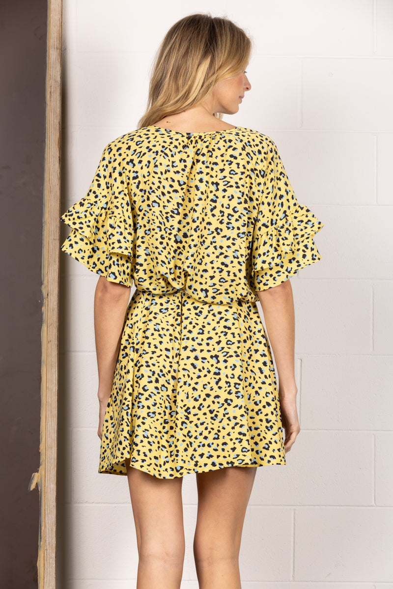 YELLOW ANIMAL PRINT SELF-TIE WAIST STRING MINI DRESS DC50533