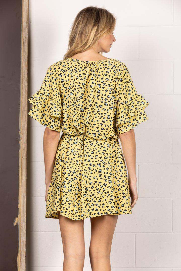 YELLOW ANIMAL PRINT SELF-TIE WAIST STRING MINI DRESS DC50533