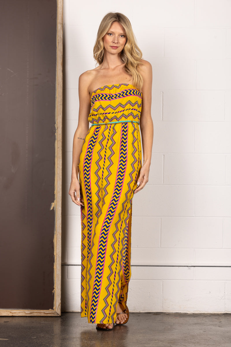 D1505-Wholesale YELLOW AZTEC PRINT STRAPLESS TUBE MAXI DRESS