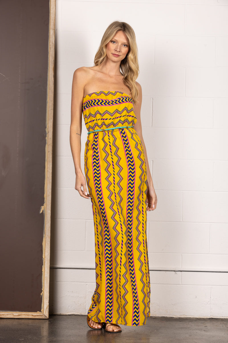 YELLOW AZTEC PRINT STRAPLESS TUBE MAXI DRESS D1505