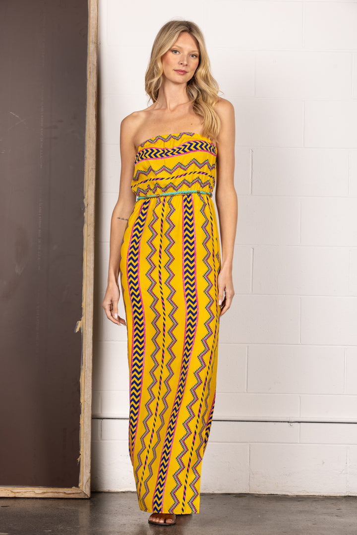 YELLOW AZTEC PRINT STRAPLESS TUBE MAXI DRESS D1505