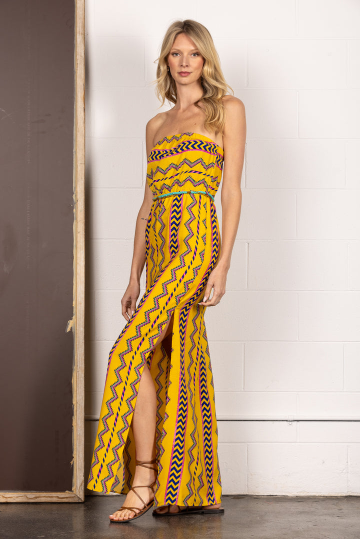 YELLOW AZTEC PRINT STRAPLESS TUBE MAXI DRESS D1505