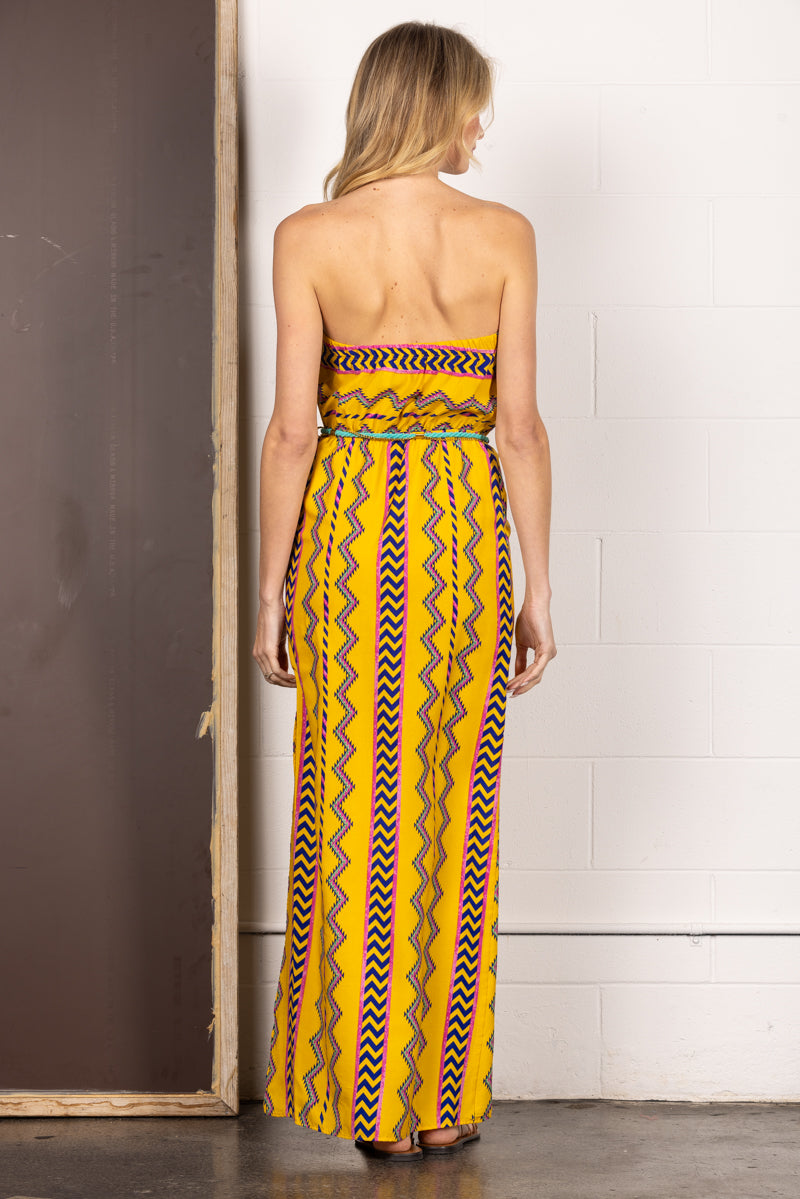 YELLOW AZTEC PRINT STRAPLESS TUBE MAXI DRESS D1505