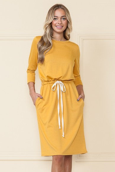 MUSTARD LONG SLEEVES ELASTIC WAIST DRAWSTRING MIDI DRESS RJT4170-FT