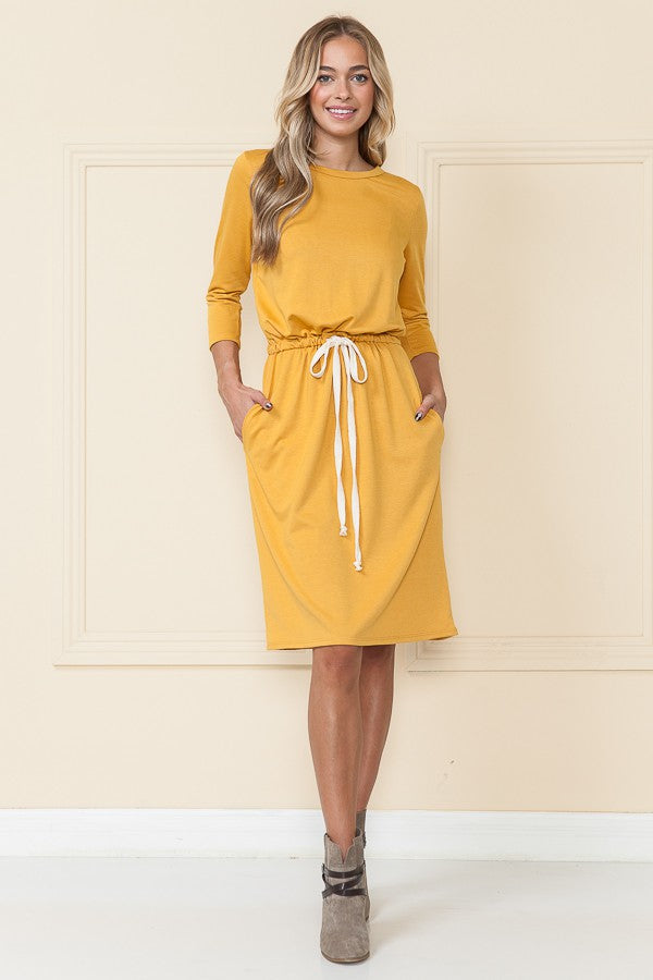 MUSTARD LONG SLEEVES ELASTIC WAIST DRAWSTRING MIDI DRESS RJT4170-FT