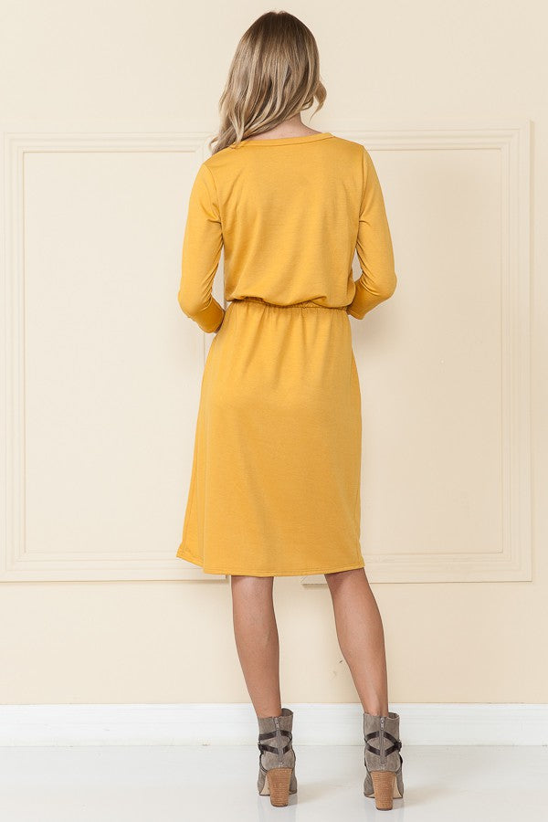 MUSTARD LONG SLEEVES ELASTIC WAIST DRAWSTRING MIDI DRESS RJT4170-FT