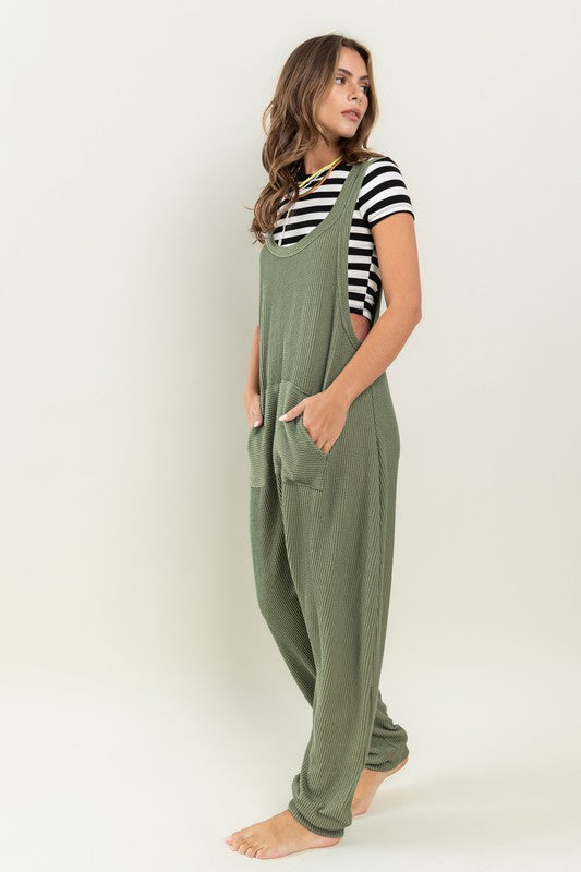 OLIVE TEXTURED W/KANGAROO POCKET HAREM KNIT JUMPSUIT CFBC61527SA