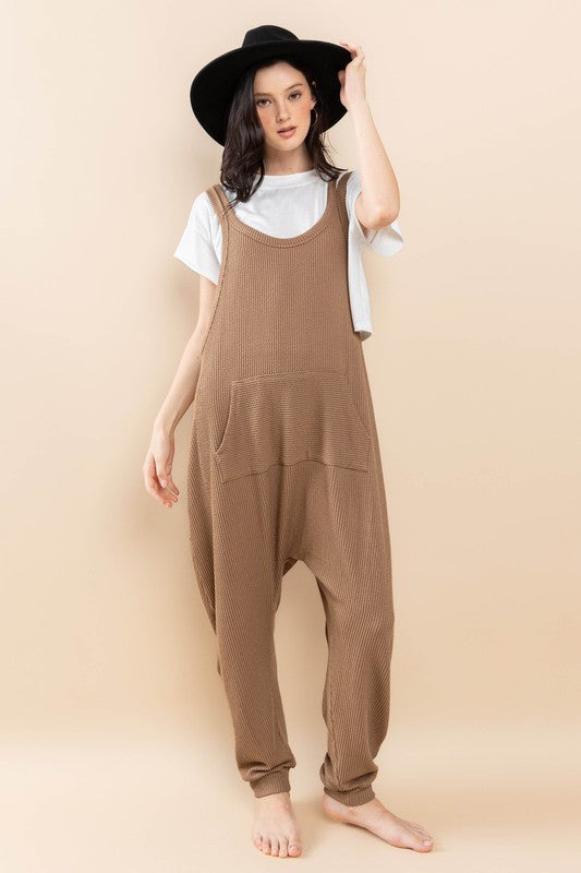 MOCHA TEXTURED W/KANGAROO POCKET HAREM KNIT JUMPSUIT CFBC61527SA