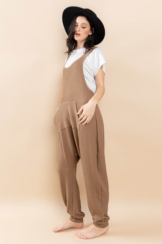 MOCHA TEXTURED W/KANGAROO POCKET HAREM KNIT JUMPSUIT CFBC61527SA