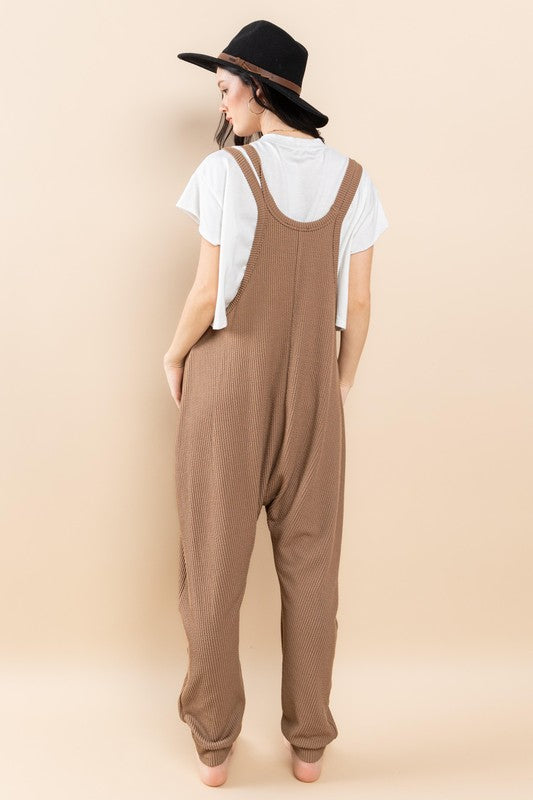 MOCHA TEXTURED W/KANGAROO POCKET HAREM KNIT JUMPSUIT CFBC61527SA