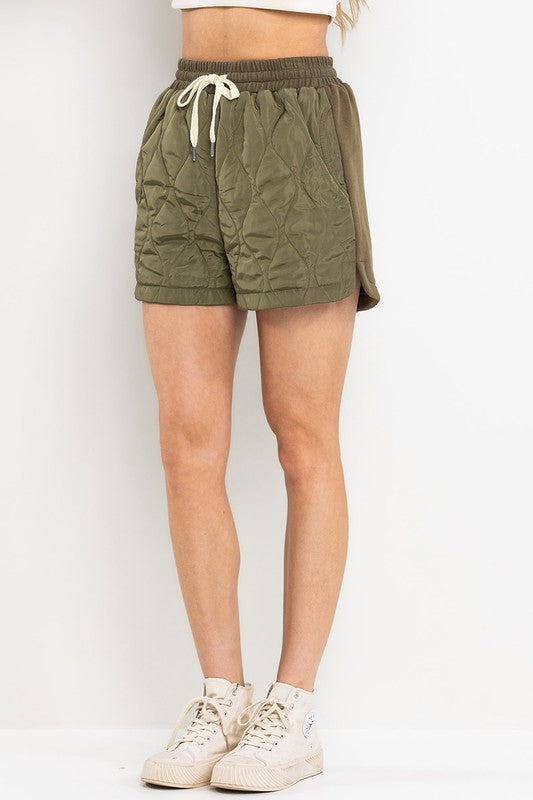 OLIVE MULTI FABRIC QUILTED STITCH SHORTS BIC60803