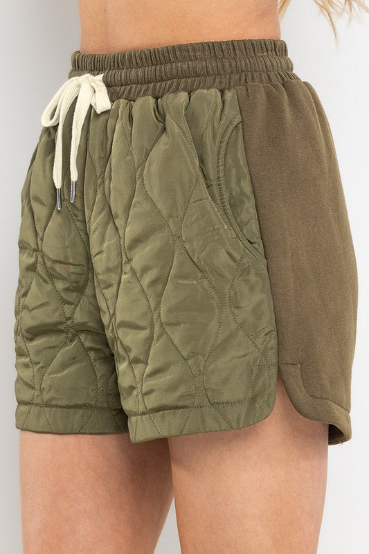 OLIVE MULTI FABRIC QUILTED STITCH SHORTS BIC60803