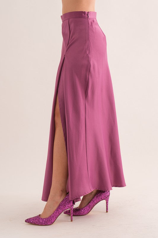 PURPLE SATIN SIDE SLIT MAXI SKIRT BIC60850