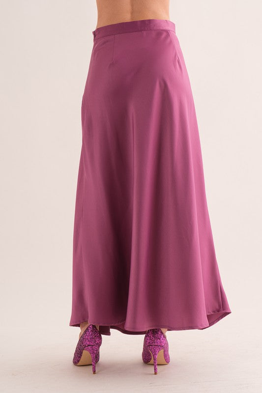 PURPLE SATIN SIDE SLIT MAXI SKIRT BIC60850