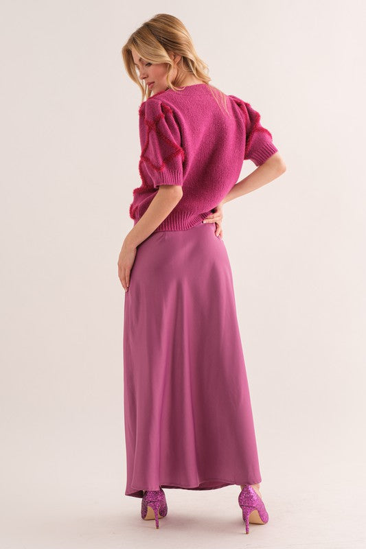 PURPLE SATIN SIDE SLIT MAXI SKIRT BIC60850