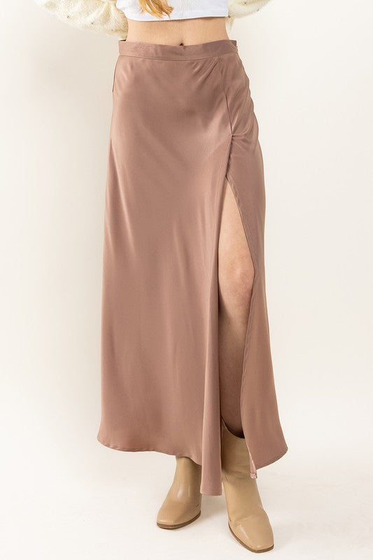 MOCHA SATIN SIDE SLIT MAXI SKIRT BIC60850